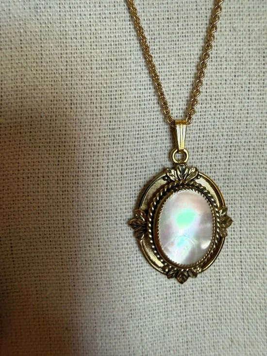 Gold-Tone Oval Mother-of-Pearl Pendant Necklace - White - Picture 1 of 8